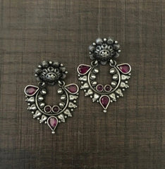 Abstract carving work pink stone chandbali pattern earrings in pure silver