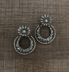 Antique finish chandbali style floral pattern stud earrings in pure silver