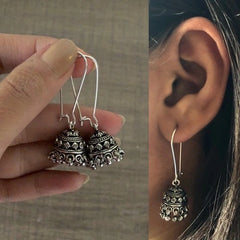 Antique finish lockable loop jhumkas in pure silver