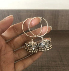 Antique rava work bold jhumkas with a 3 cm thin plain bali in pure silver
