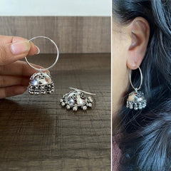 Antique rava work simple jhumkas with a 3 cm thin plain bali in pure silver