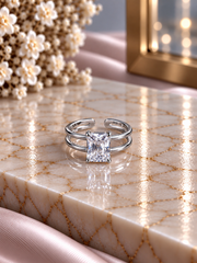 Adjustable rectangle cz ring in pure silver