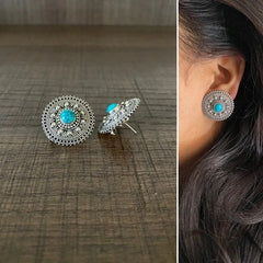 Big size 2.5 cm diameter rava and carving work studs with a turquoise stone center in pure silver