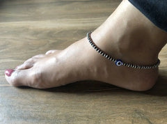 Black Beads and Evil Eye Bead Nazariya Adjustable Anklet in pure silver (Single Piece)