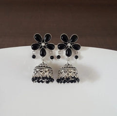 Black onyx flower stud pattern jhumkas in pure silver