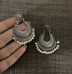 Antique studs with filigree cut work chandbalis and shell pearls in pure silver