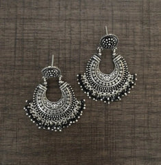 Chandbali style filigree work black cut onyx beads earrings in pure silver