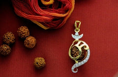 Chandrama + Om motif pendant with 22 kt gold plating and a rudraksh set in pure silver