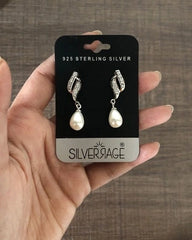 Compact cz stone pearl hanging (3.4 cm long) studs in pure silver