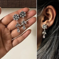Cz stone flower + leaf pattern 3.5 cm long dangling studs in pure silver