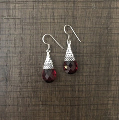 Dark pink cut stone carving work hanging earrings in pure silver