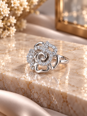 Studded rose pattern ring in pure silver
