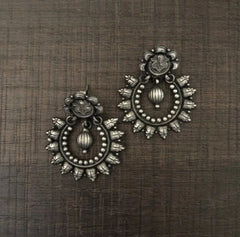 Delicate carving work chandbali style earrings in pure silver