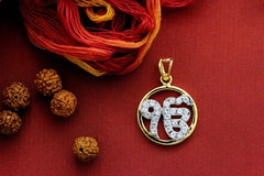 Ek Onkar motif cz stone pendant with 22 kt. gold plating in pure silver