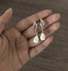 Compact cz stone pearl hanging (3.4 cm long) studs in pure silver