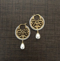 Filigree cut work balis with pearl drops with 22 kt. gold plating in pure silver