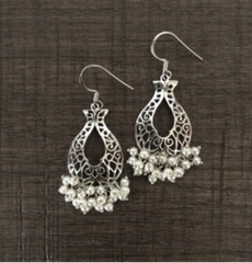 Filigree cut work earrings with pearl clusters in pure silver
