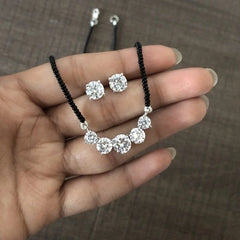 Five cz stone 18'' long mangalsutra with matching 7mm cz studs in pure silver