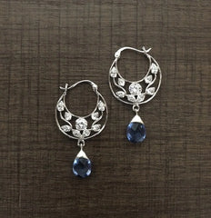 Floral cut work cz stone balis with blue cz stone drops in pure silver