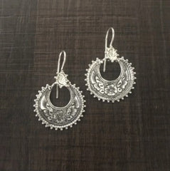 Floral engraving work hanging earrings in pure silver
