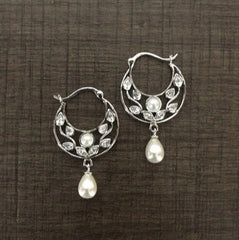 Floral pattern cz stone balis with pearls set in and pearl drops in pure silver