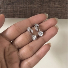 Flower with leaf cz stone studs in pure silver