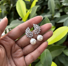 Multi cz stone paisley pattern pearl drop studs in pure silver