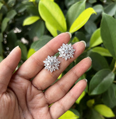 Flower pattern multi cz stone studs in pure silver
