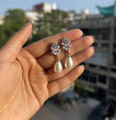 Big size marquise cz stone earrings with pearl drops in pure silver