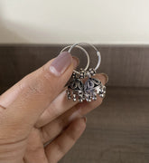 Pure silver 2 cm thin balis with beads and carving work jhumkas