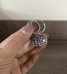 Pure silver 2 cm thin balis with beads and carving work jhumkas