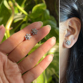 Tiny cz stone flat flower studs in pure silver