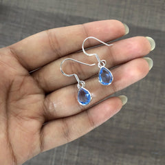 Flat blue tear drop cz stone hangings in pure silver