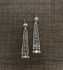Long oxidized finish carving work stud style danglers in pure silver