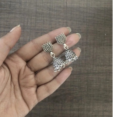 Lotus stud with jaali work jhumkas in pure silver