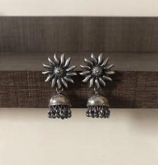 Surya pattern studs with hammered texture jhumkas in pure silver