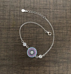 Multi colour cz stone evil eye pattern adjustable chain bracelet in pure silver