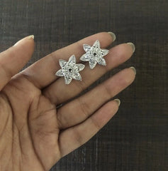 Multi cz stone six petal flower studs in pure silver