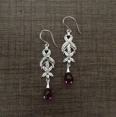 Multi cz stone studded danglers with dark pink drops in pure silver