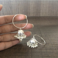 Multiple pearl cluster jhumka with a 3 cm thin plain bali in pure silver