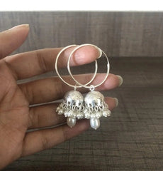 Multiple pearl cluster jhumka with a 3 cm thin plain bali in pure silver