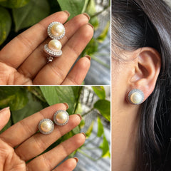 Two line cz with pearl center studs in pure silver