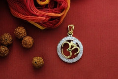 Om motif pendant with round cz stones border and 22 kt gold plating in pure silver