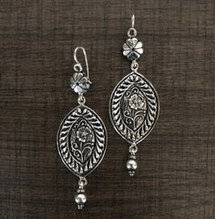 Oxidized finish floral carving work earrings in pure silver