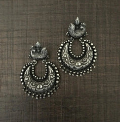 Peacock pattern studs with antique finish chandbalis in pure silver