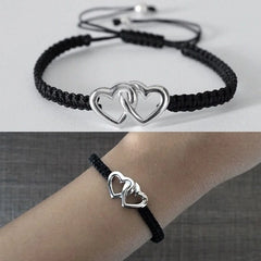 Pure silver adjustable Twin Hearts motif hand braided bracelet