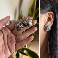 Round antique finish mandala pattern studs in pure silver