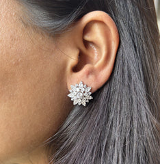 Flower pattern multi cz stone studs in pure silver