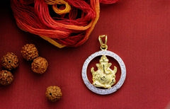 Round cz stone studded Ganesha motif pendant with 22 kt. gold plated in pure silver