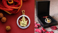 Round cz stone studded Ganesha motif pendant with 22 kt. gold plated in pure silver